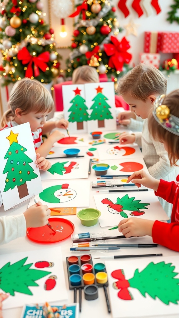 Children painting Christmas art with vibrant colors and festive decorations.